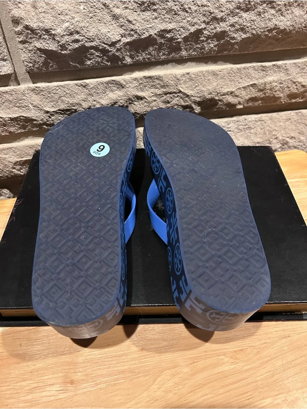Tory Burch T Monogram Wedge Flip Flops – Periwinkle Blue, Size 6